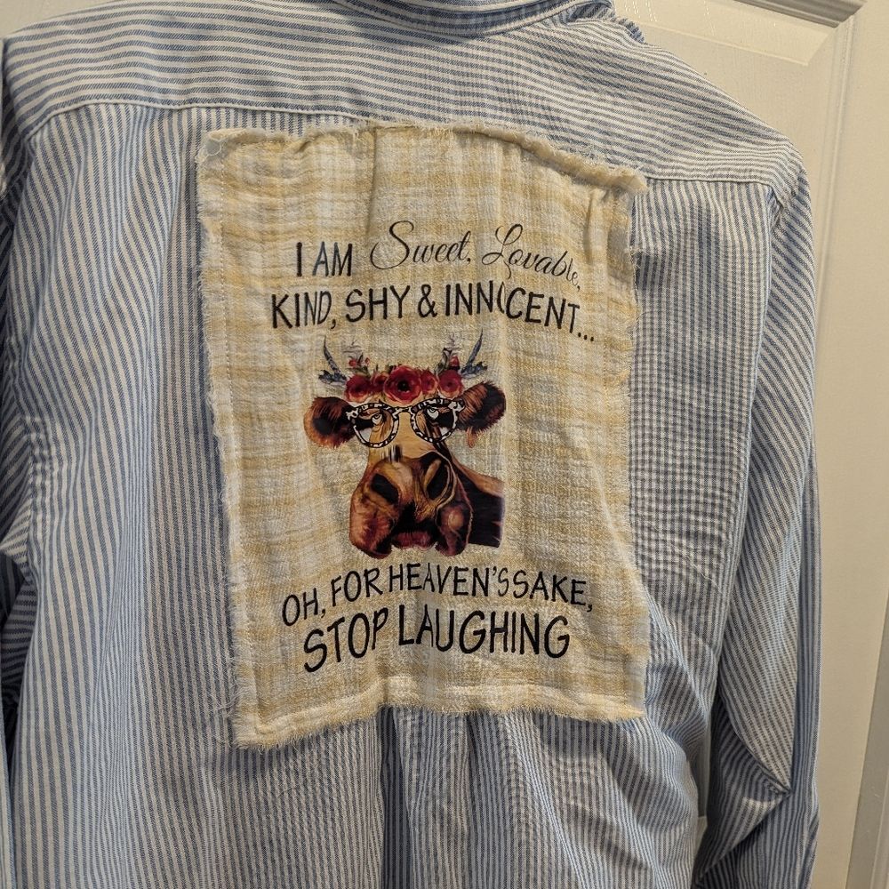 Blue‎ & White Striped Button Front Shirt with Graphic Print Kitschy Funny Patch